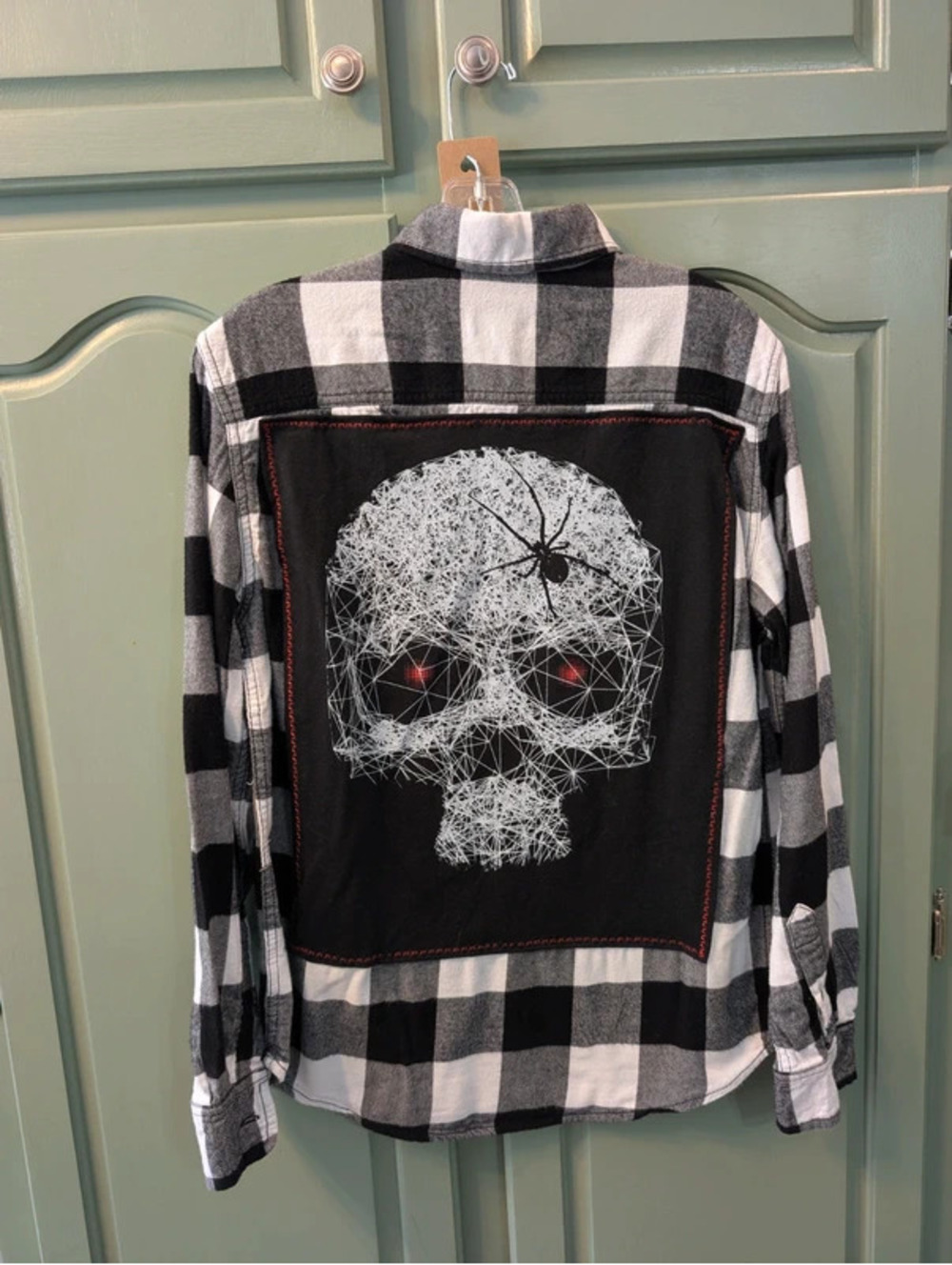 Spiderweb Skull Print Upcycled Flannel Shirt